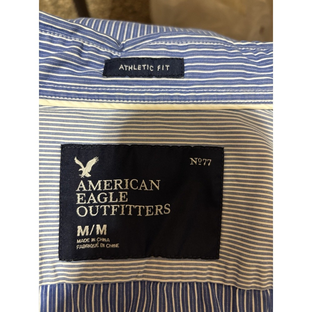 American Eagle Mens Medium Athletic Fit Blue White Stripe Button Up Oxford Shirt - Picture 7 of 8